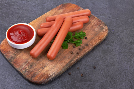 Raw frankfurter sausages with ketchup on cutting boardの写真素材