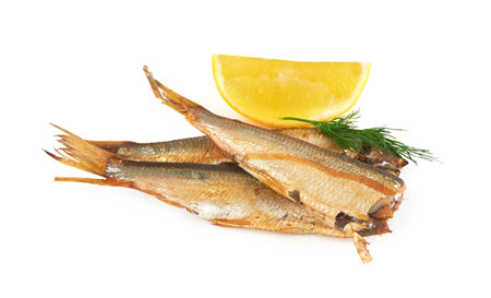 Sprats without their heads isolated on a white backgroundの写真素材