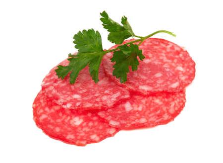 Sausage slices isolated on a white backgroundの写真素材