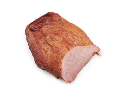 A cut piece of smoked pork isolated on white backgroundの写真素材