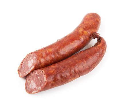 Boiled and smoked sausage on a white background. Farm smoked sausageの写真素材