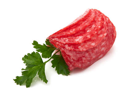Sausage slices isolated on a white backgroundの写真素材
