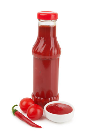 Bottle of tomato sauce or ketchup isolated on white backgroundの写真素材