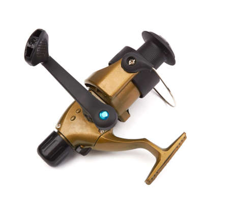 Fishing reel isolated on a white backgroundの写真素材