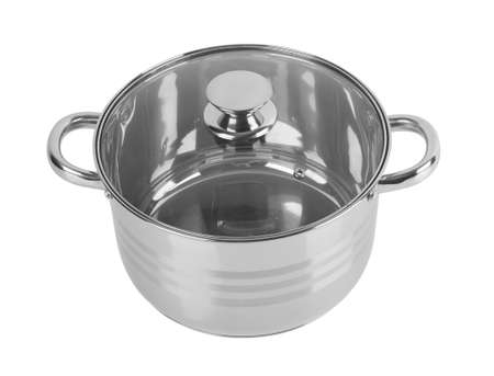 chrome pan with a lid isolated on white backgroundの写真素材