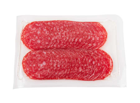Vacuum packed sausage slices isolated on white backgroundの写真素材