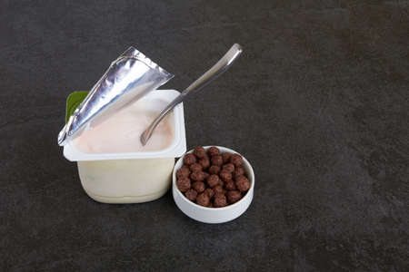 Fruit yogurt on a dark stone surfaceの写真素材
