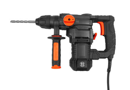 Rotary hammer with a drill isolated on white backgroundの写真素材