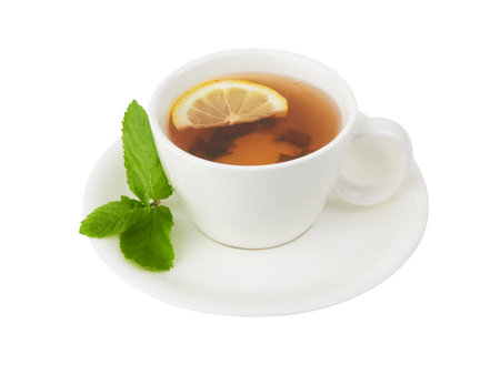 Herbal tea with berries on white backgroundの写真素材