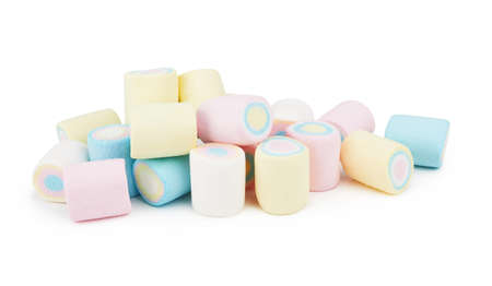Marshmallows of different colors isolated on white backgroundの写真素材