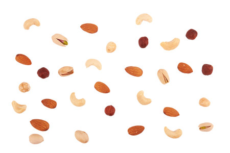 Heap of mixed nuts isolated on white backgroundの写真素材