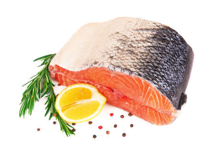Salmon steak isolated on a white backgroundの写真素材