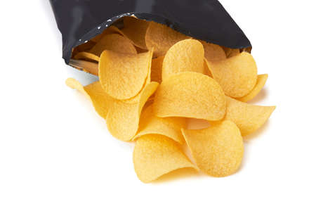 Potato chips bag isolated on white backgroundの写真素材