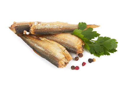 Sprats without their heads isolated on a white backgroundの写真素材