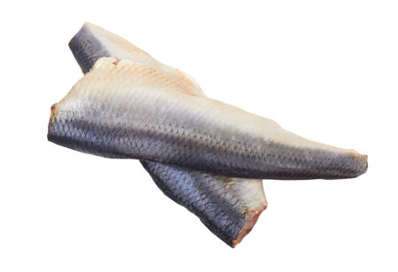 Slices of herring fish isolated on a white backgroundの写真素材