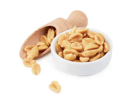 Peanuts in a bowl isolated on a white backgroundの写真素材