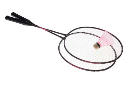 Badminton rackets and shuttlecock isolated on white backgroundの写真素材