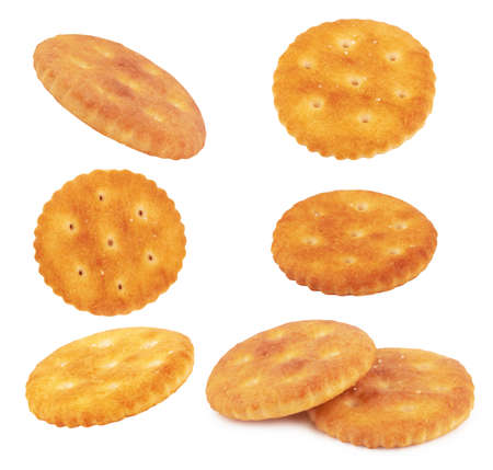 Round salted snack cracker isolated on white backgroundの写真素材