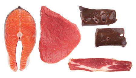 Fihs, meat, liver and bacon on whine backgroundの写真素材