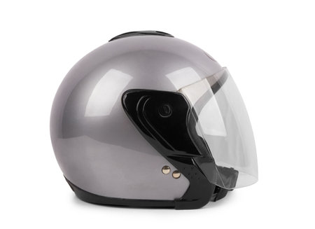 Gray motorcycle helmet isolated on white backgroundの写真素材