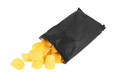 Potato chips bag isolated on white backgroundの写真素材