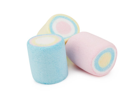 Marshmallows of different colors isolated on white backgroundの写真素材