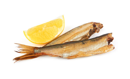 Sprats without their heads isolated on a white backgroundの写真素材