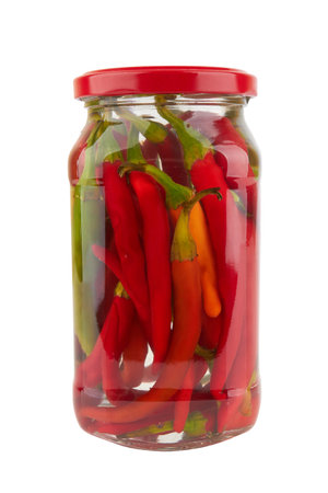 Canned hot peppers isolated on white dackgroundの写真素材
