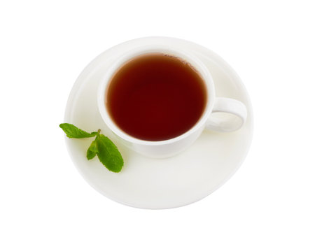 Black tea with mint isolated on white backgroundの写真素材