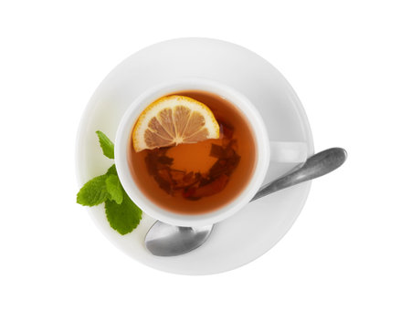 Herbal tea with berries on white backgroundの写真素材