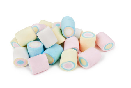 Marshmallows of different colors isolated on white backgroundの写真素材