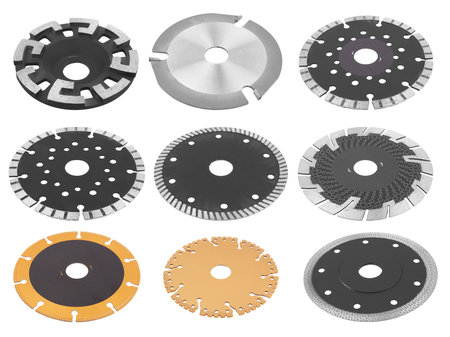 Circilar saw blades for wood metal and stone work isolated on white backgroundの写真素材