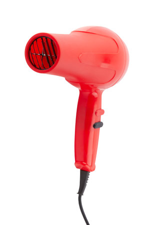 Red hair dryer isolated on a white backgroundの写真素材