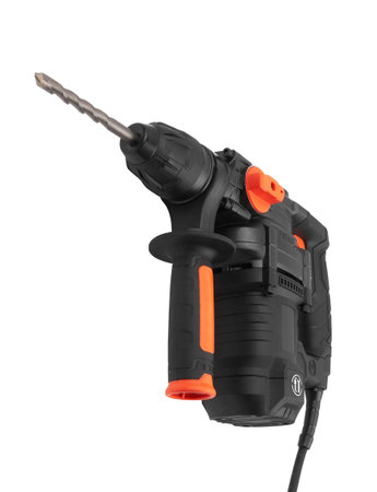 Rotary hammer with a drill isolated on white backgroundの写真素材