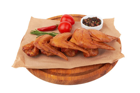 Smoked chicken wings on a cutting board on a white backgroundの写真素材