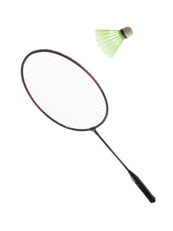 Badminton rackets and shuttlecock isolated on white backgroundの写真素材
