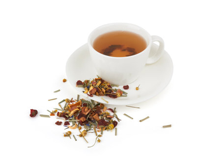 Herbal tea with berries on white backgroundの写真素材