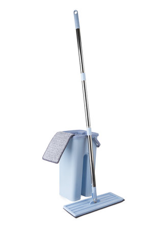 Blue plastic mop isolated on white backgroundの写真素材