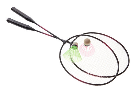 Badminton racket and shuttlecock isolated on white backgroundの写真素材
