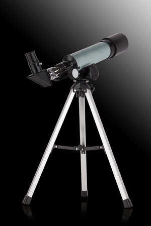 Modern telescope isolated on a black backgroundの写真素材
