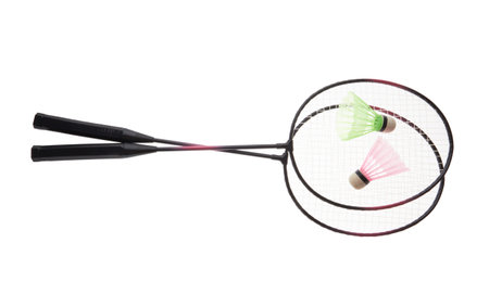 Badminton rackets and shuttlecock isolated on white backgroundの写真素材