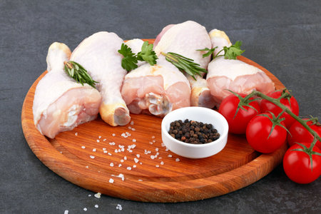 Chicken legs on stone black backgroundの写真素材