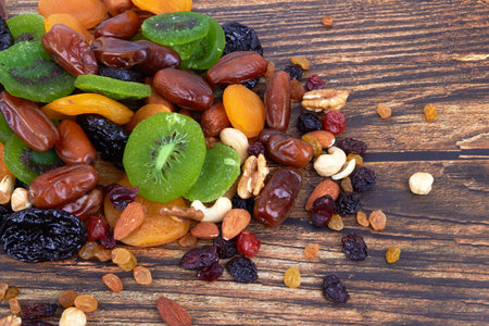 Dry fruits on a wooden backgroundの写真素材