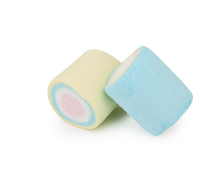 Marshmallows of different colors isolated on white backgroundの写真素材