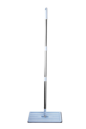 Blue plastic mop isolated on white backgroundの写真素材