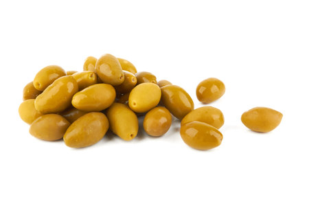 Green olives isolated on a white backgroundの写真素材