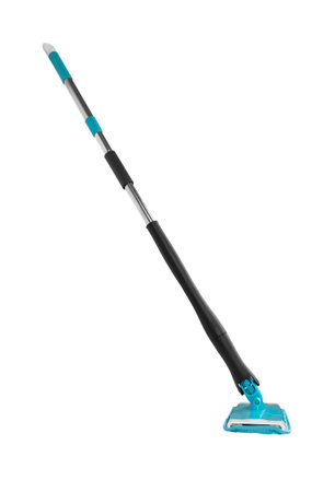 Blue plastic mop isolated on white backgroundの写真素材