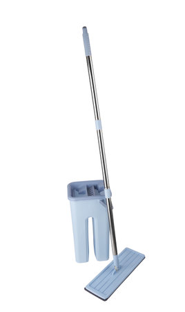 Blue plastic mop isolated on white backgroundの写真素材