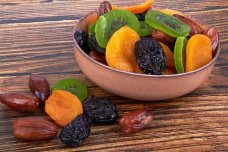 Dry fruits on a wooden backgroundの写真素材
