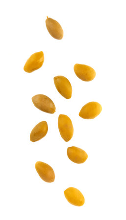 Green olives isolated on a white backgroundの写真素材